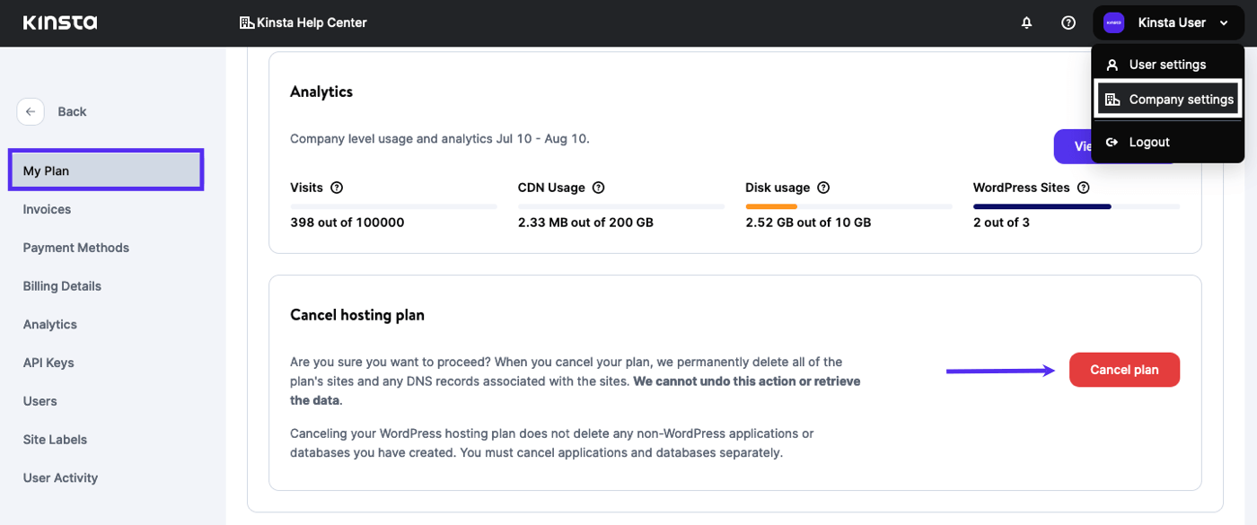 Cancellare il piano di Hosting WordPress Gestito in MyKinsta.