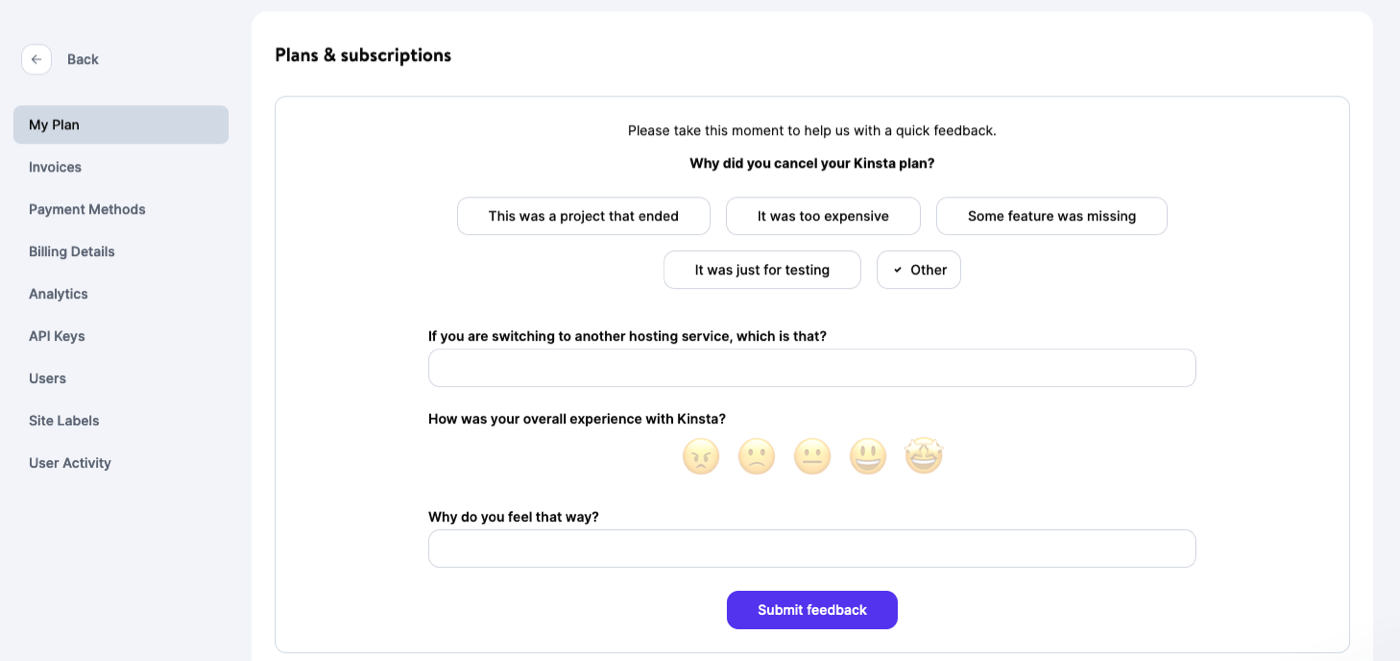 Feedback sulla cancellazione di Kinsta