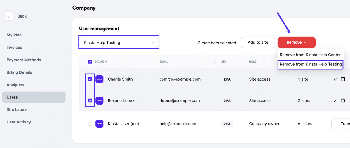 Select and remove multiple users from a site in MyKinsta.