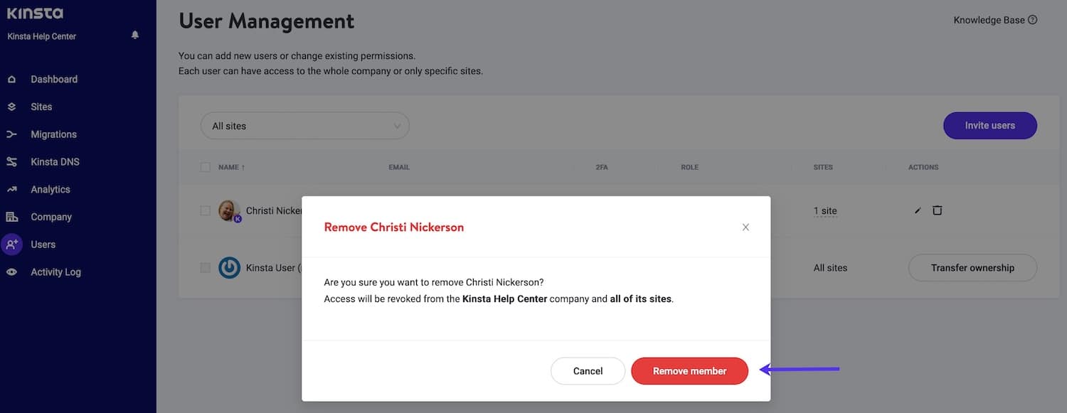 Confirm removing a user from a company in MyKinsta Confirm removing a user from a company in MyKinsta.
