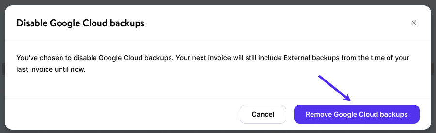 Confirm the removal of the external backups add-on.