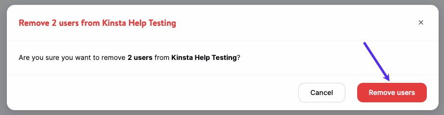 Confirme a remoção de vários usuários da página Usuários do MyKinsta Site.