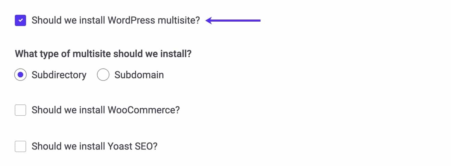 Select multisite when adding a new site in MyKinsta.