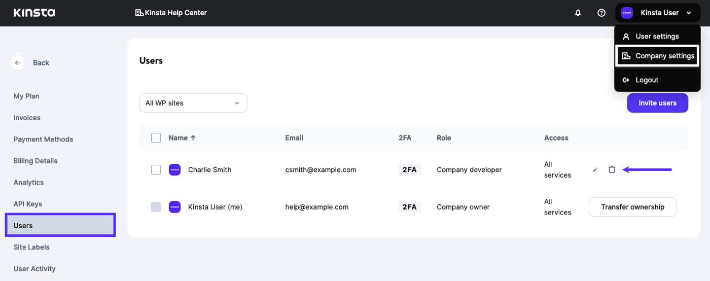 Eliminar un usuario de una compañía en MyKinsta.