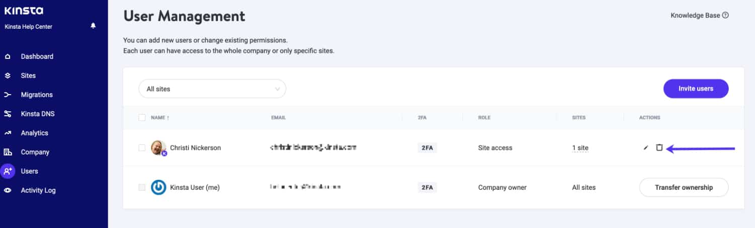 Remove a user from a company in MyKinsta Remove a user from a company in MyKinsta.
