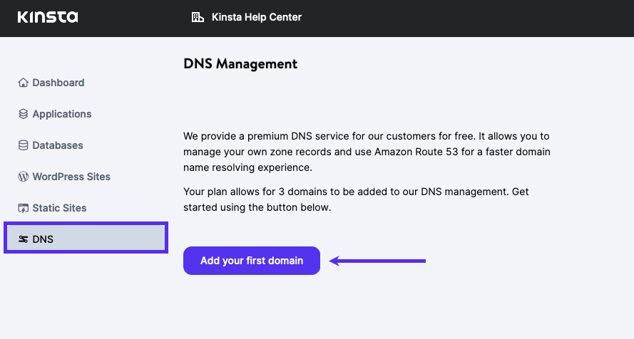 Add your domain to DNS management in MyKinsta.