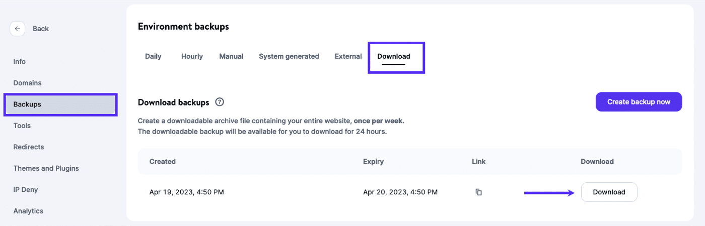 WordPress-Backup herunterladen in MyKinsta.