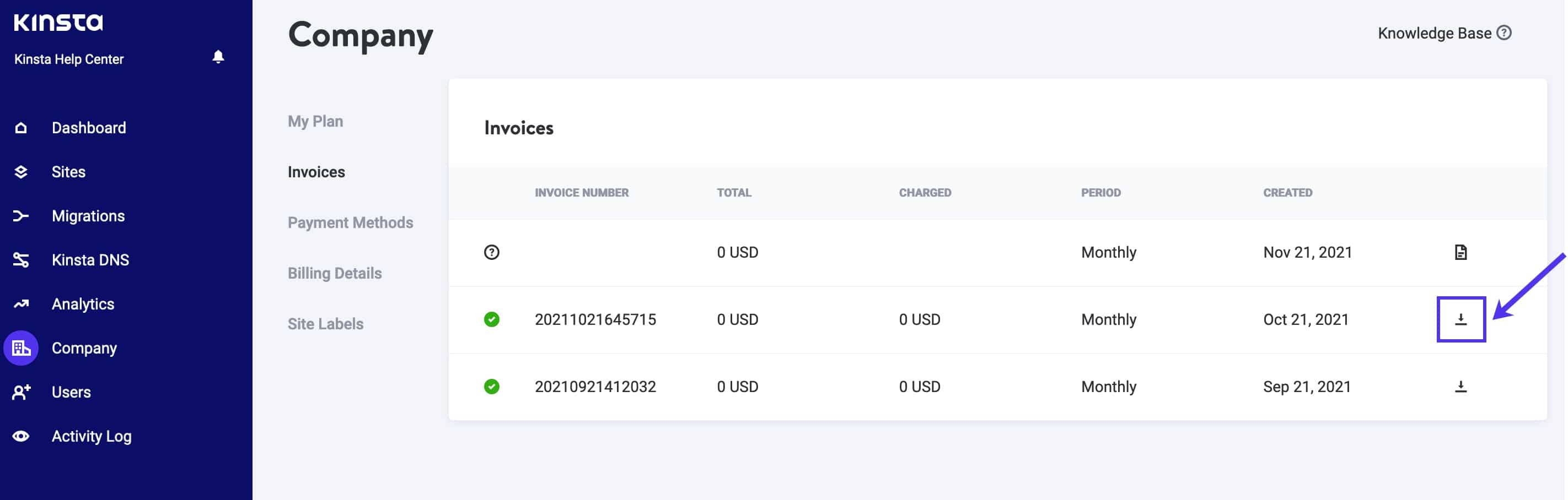 Download an invoice from MyKinsta.