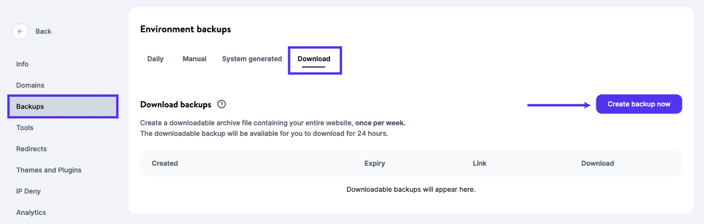 Herunterladbare Backups in MyKinsta.