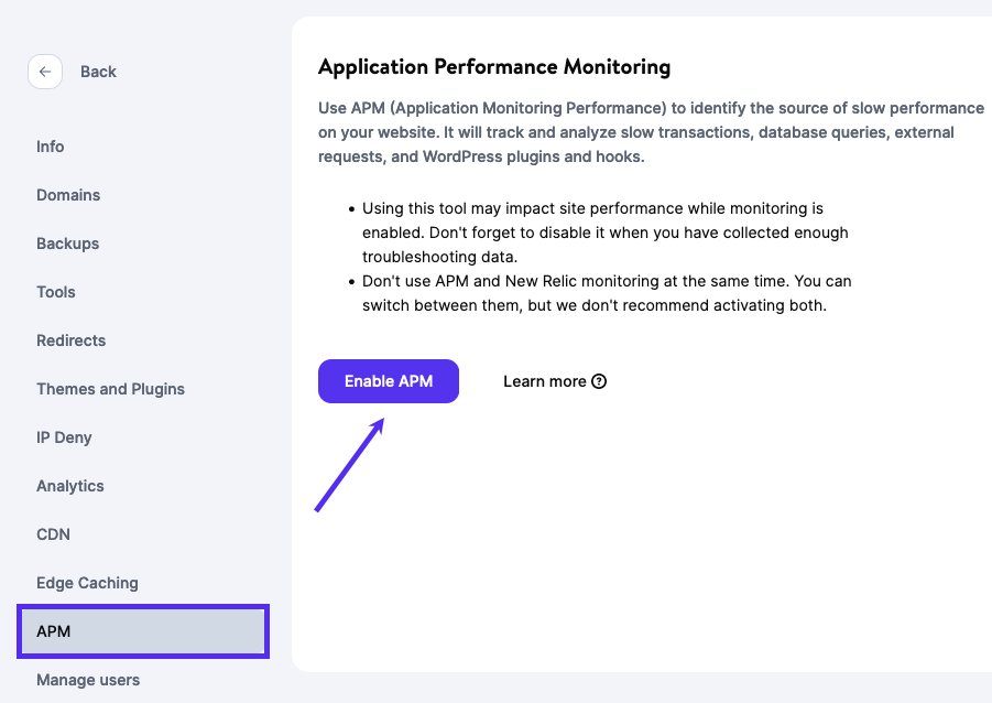 Clique no botão Habilitar APM para habilitar o monitoramento de desempenho de aplicativos no MyKinsta.