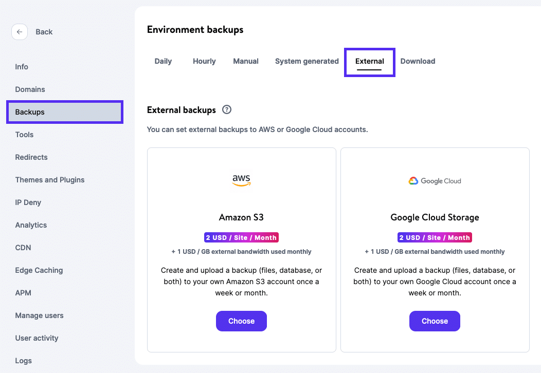 Aktivera externa säkerhetskopior i MyKinsta.