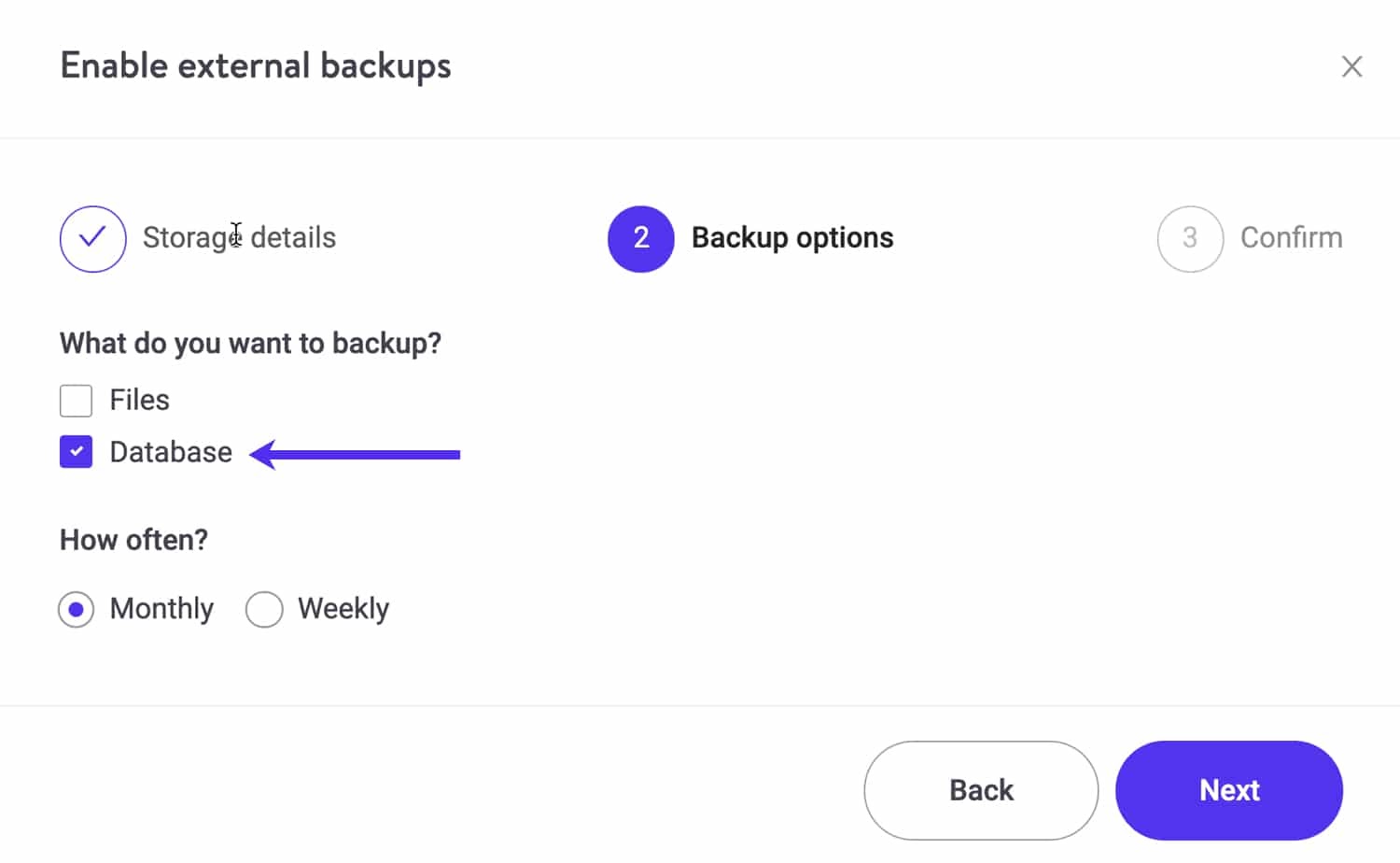 Selecting just the database for an external backup in MyKinsta.