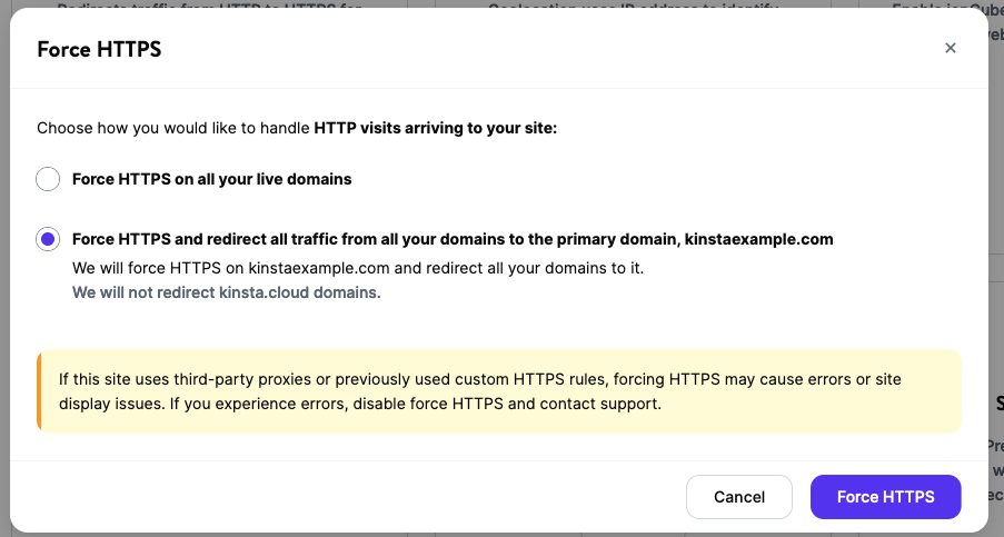 Vælg, hvordan du vil håndtere HTTP-besøg, og bekræft aktivering af Force HTTPS.