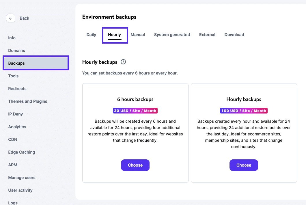 Alternativ för säkerhetskopiering varje timme i MyKinsta.