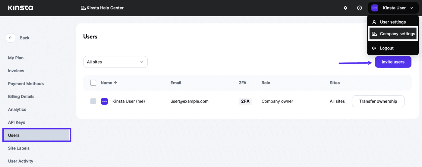 Nodig gebruikers uit voor je bedrijf of site in MyKinsta.