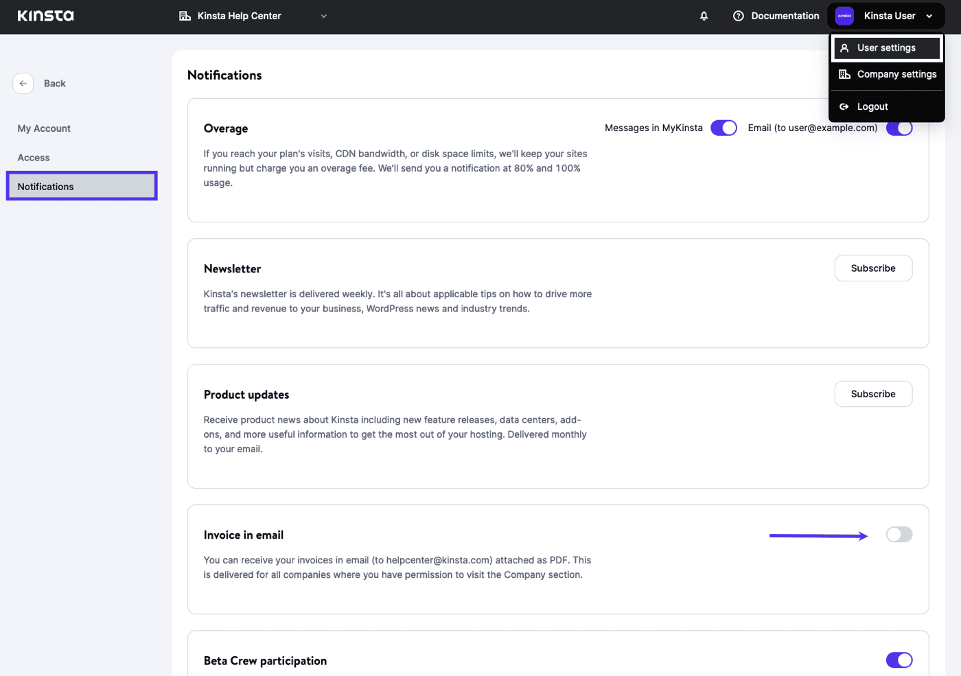 Enabling automatic invoice emails in MyKinsta.