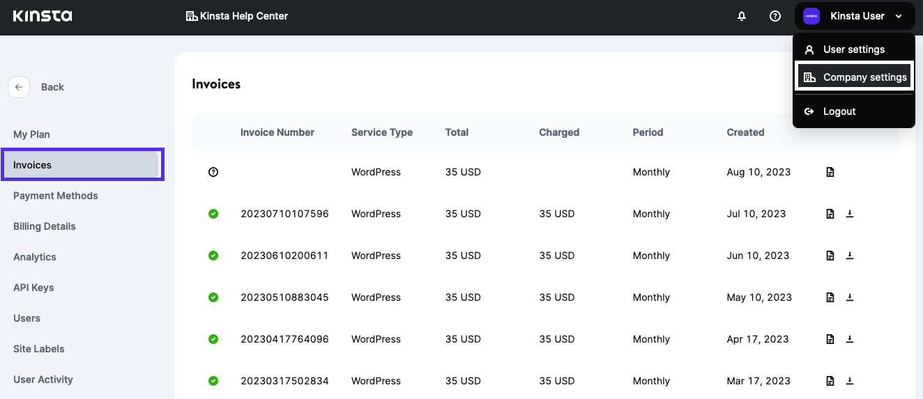 Alojamiento de facturas en MyKinsta.