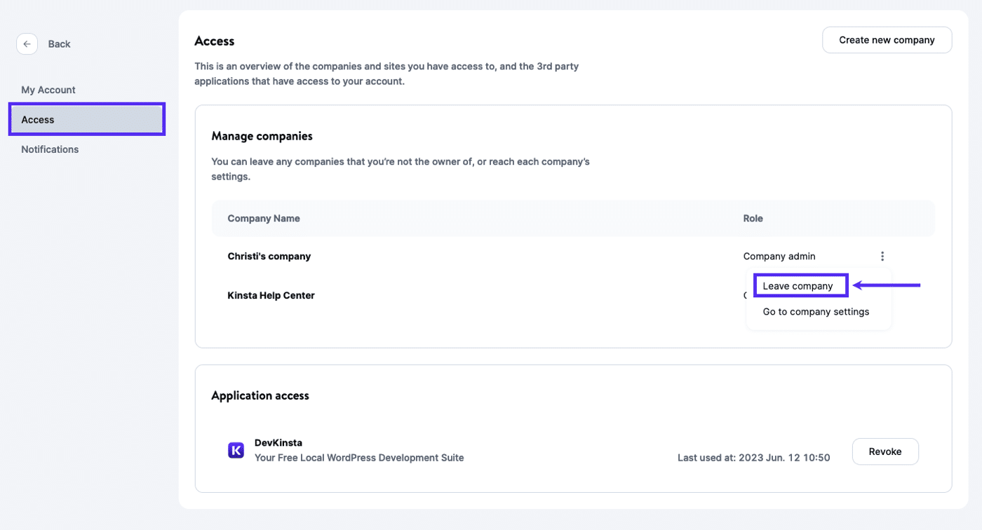 Se retirer d'une entreprise dans les réglages de l'utilisateur de MyKinsta.