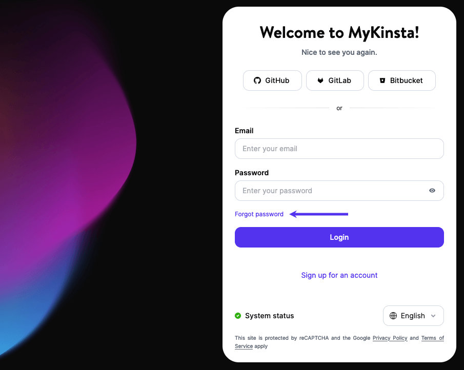 Klik på linket glemt password på MyKinsta login-siden.