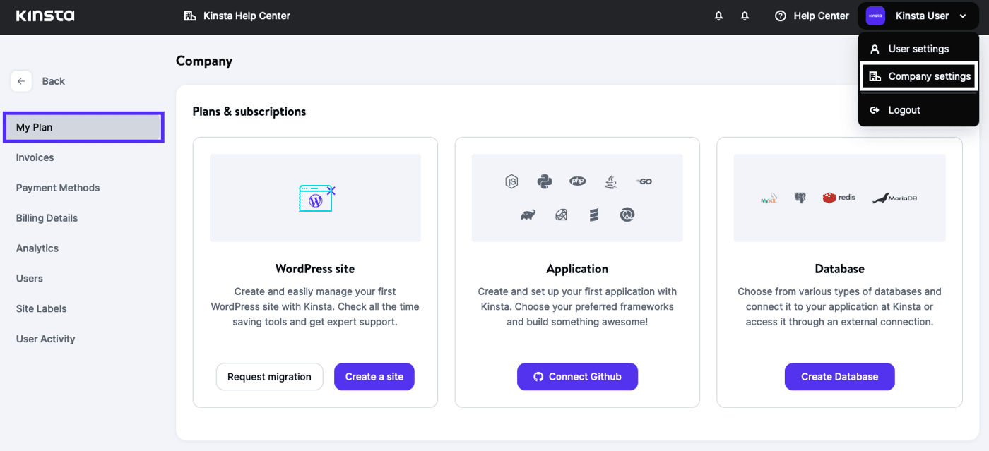 Go to the Company section of MyKinsta.