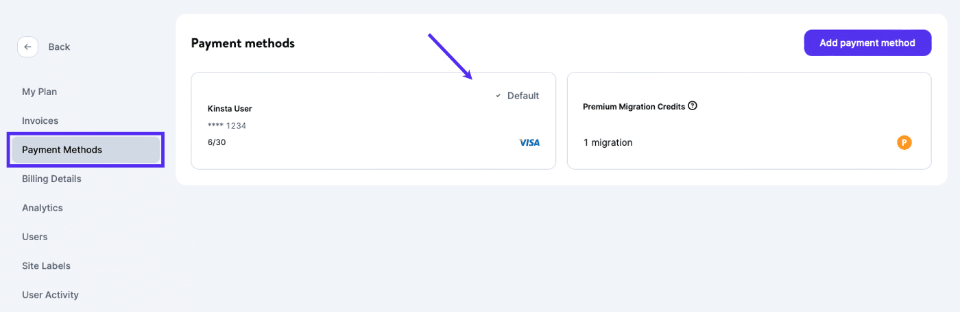 Ett nytt kreditkort läggs till i MyKinsta.
