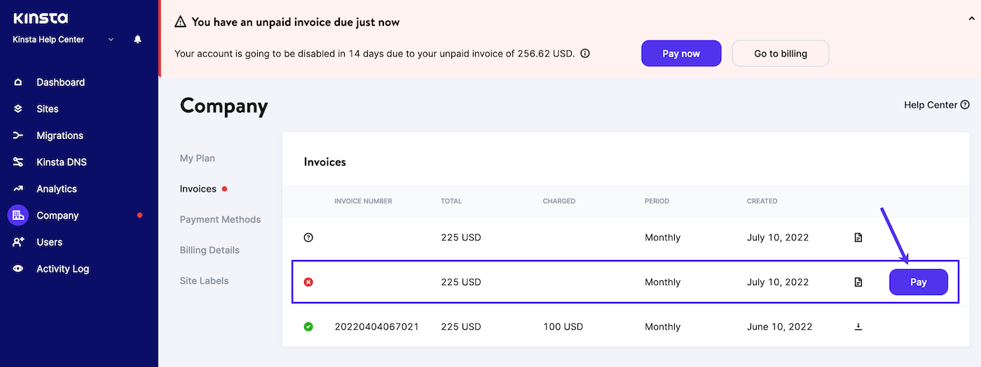 Pay an unpaid invoice in MyKinsta.