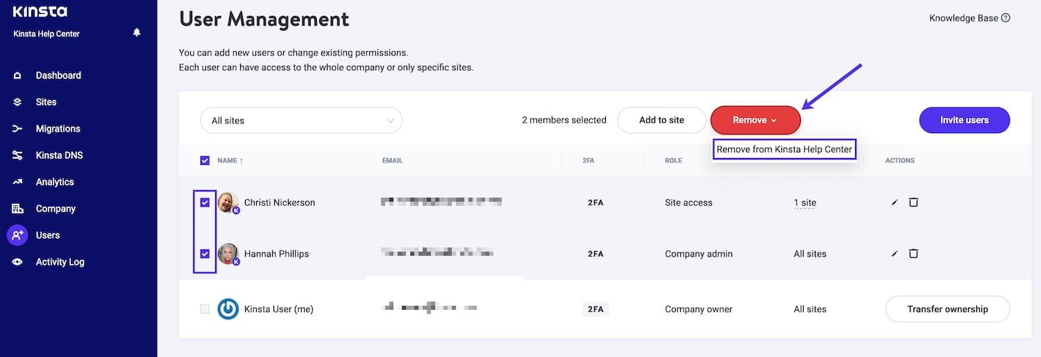 Remove multiple users from a company in MyKinsta Remove multiple users from a company in MyKinsta.