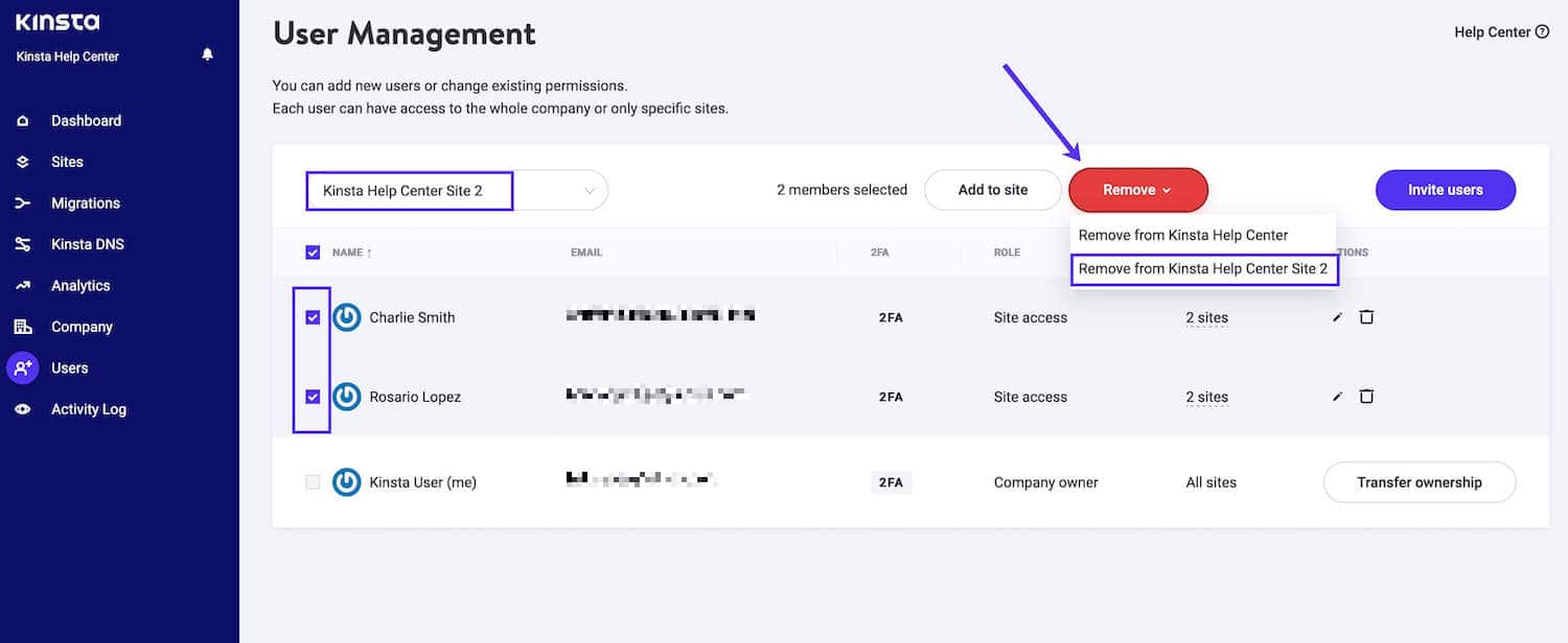 Select and remove multiple users from a site in MyKinsta.