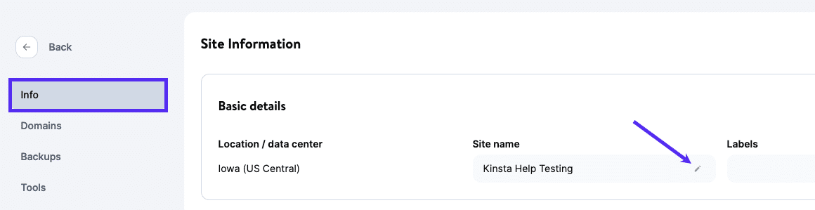 Cambia el nombre de tu sitio en MyKinsta.
