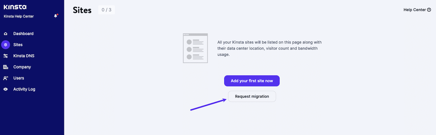 Click the Request migration button on an empty Sites page in MyKinsta Klicke auf einer leeren Seite in MyKinsta auf die Schaltfläche Migration beantragen.