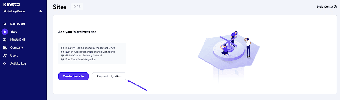 Click the Request migration button on an empty Sites page in MyKinsta.