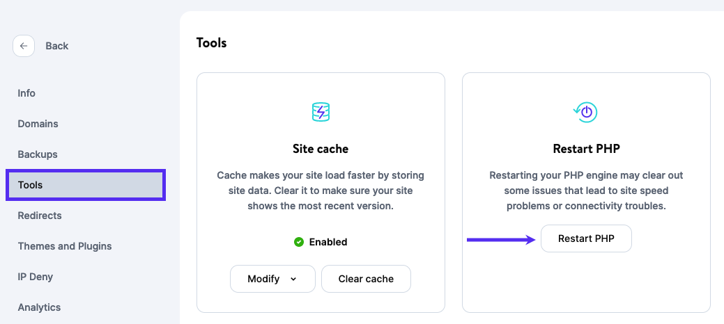 PHP in MyKinsta neu starten.