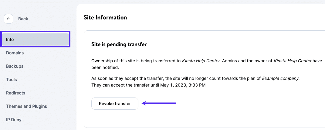 Cancelar/revocar una transferencia de sitio en MyKinsta.