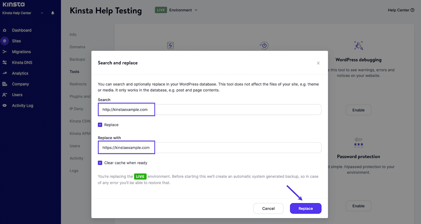 Searching for an old URL and replacing it with a new URL with the search and replace tool in MyKinsta.