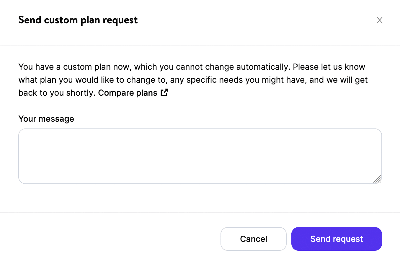 Enviando um pedido de mudança de plano personalizado no MyKinsta.