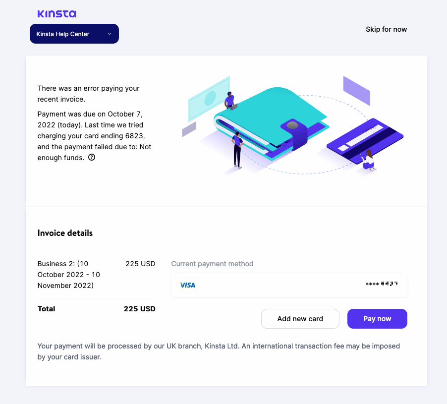 Unpaid invoice notifice in MyKinsta with details and options to pay.