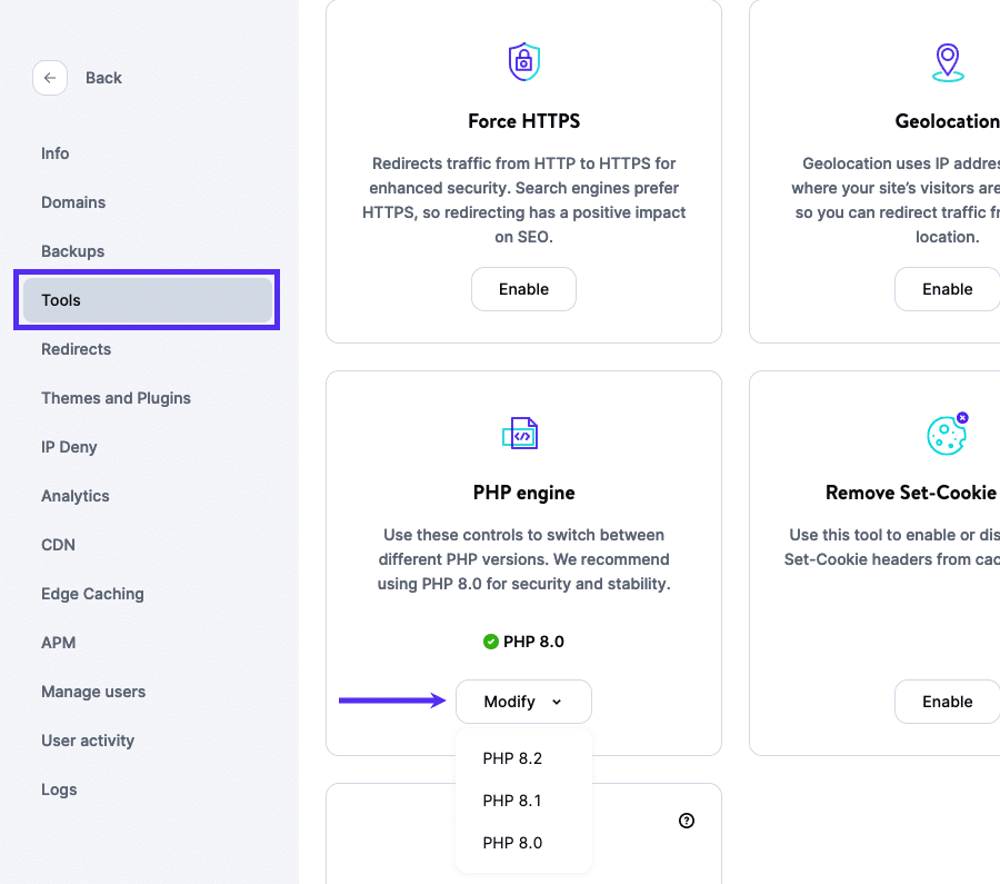 Botón Modificar motor PHP en MyKinsta.