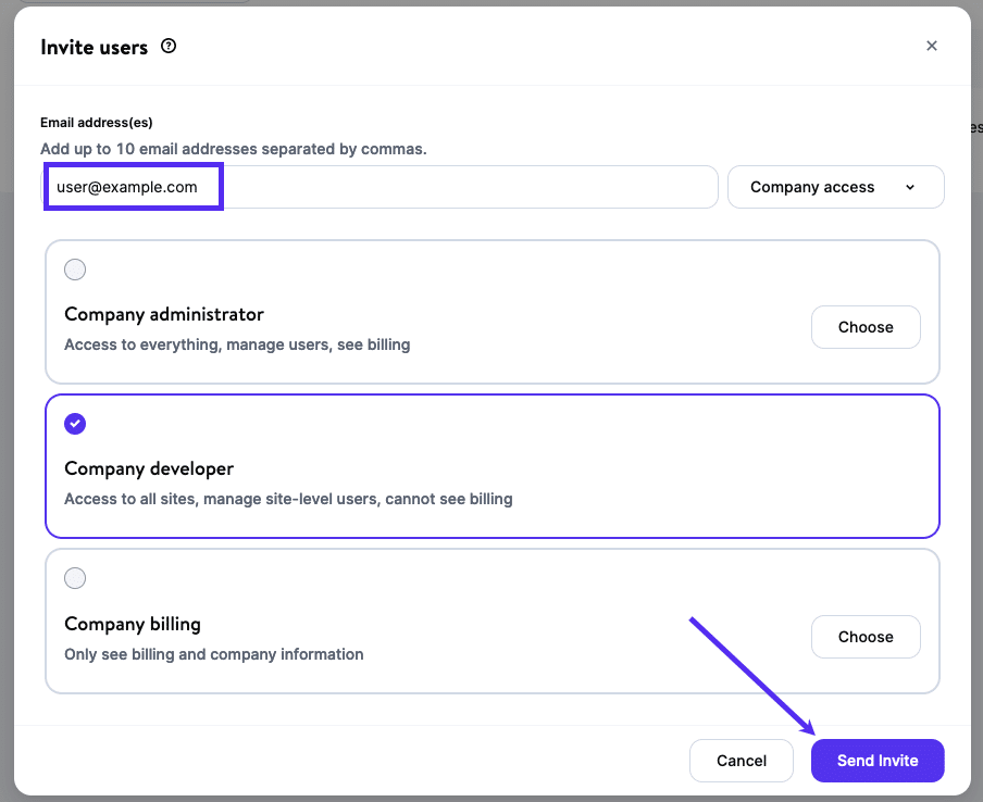 User invite details with company access.