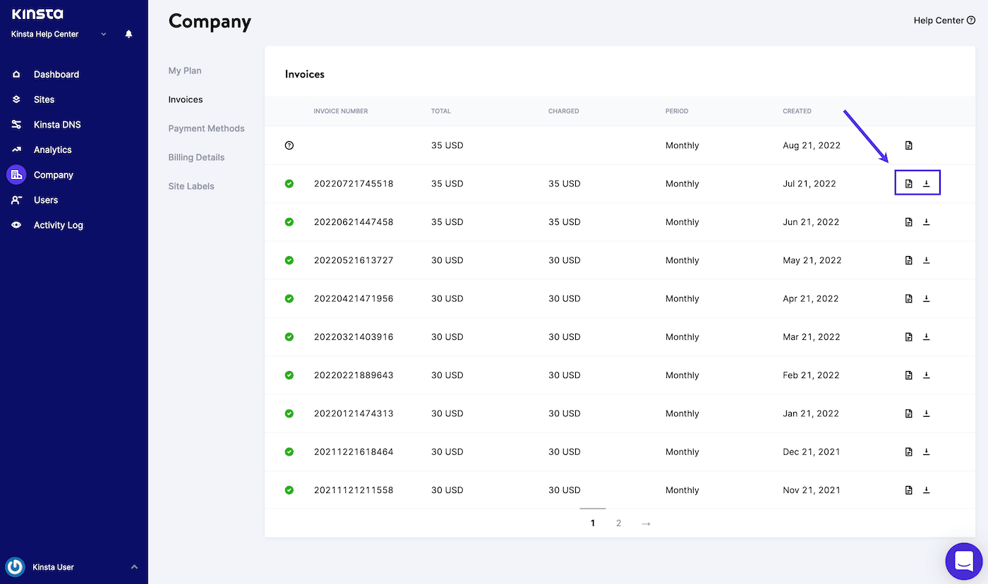 View or download invoices in MyKinsta.