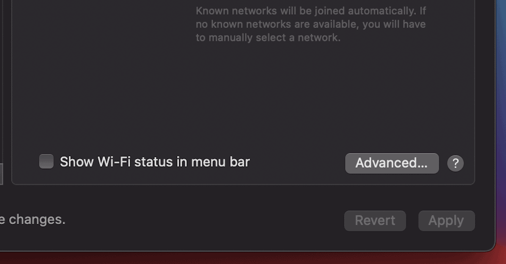 The "Advanced" button on the macOS Network screen.