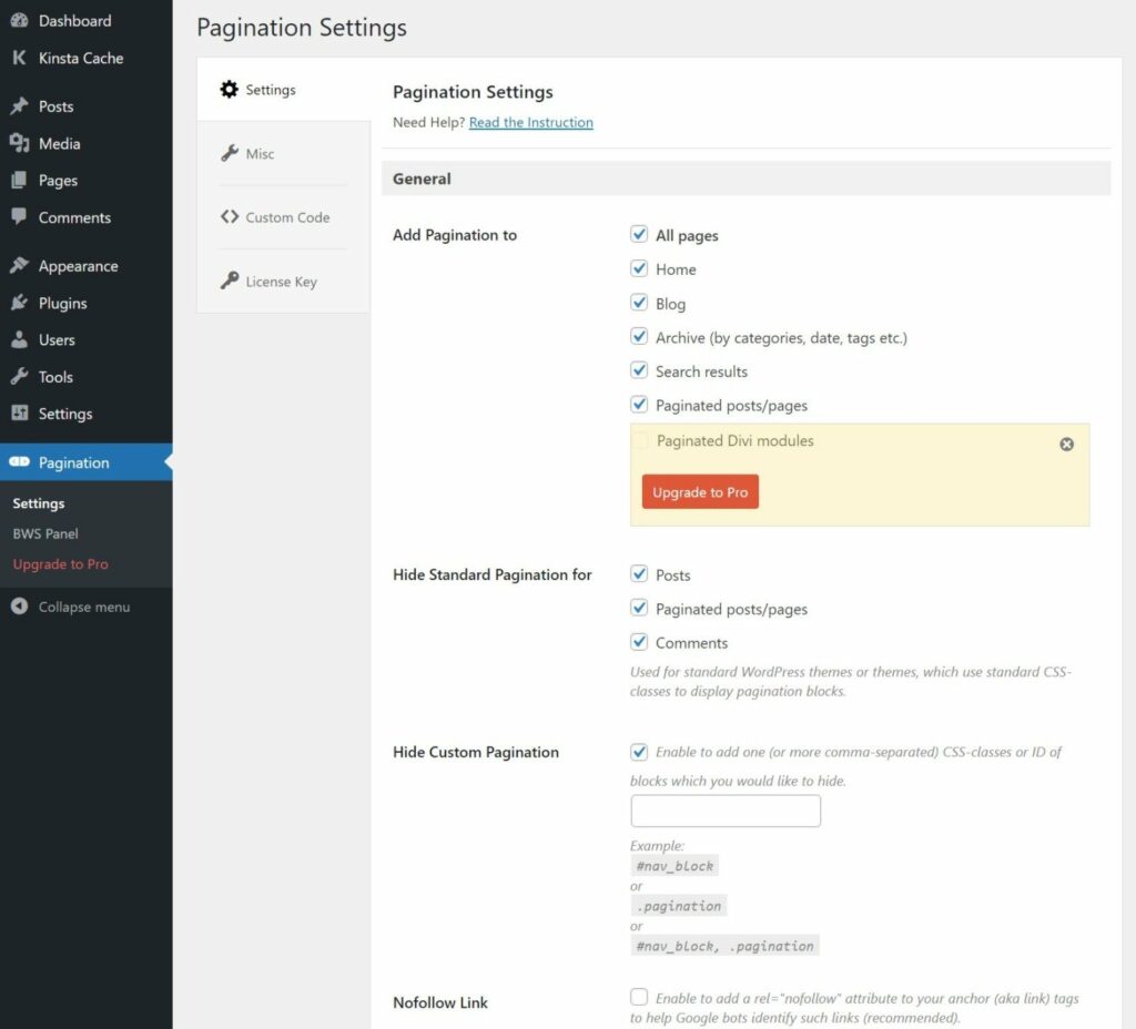 The Pagination plugin's settings area.