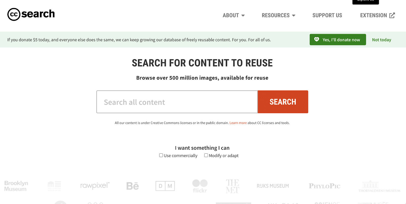 Homepage di Creative Commons Search.