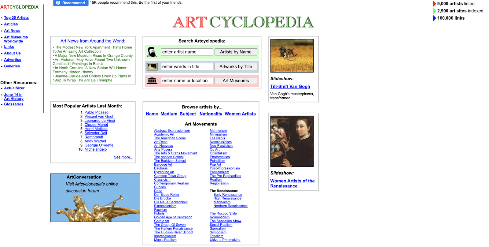 Homepage di Artcyclopedia.