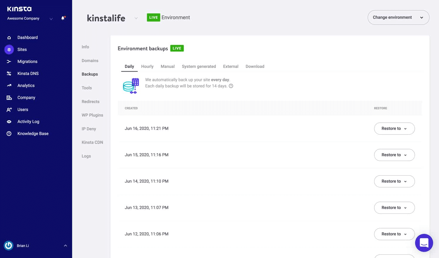 Faça backup do seu site usando MyKinsta.