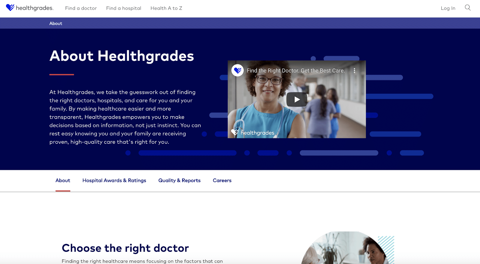 Healthgrades packt seine "Über uns"-Seite mit einer Fülle von Inhalten.