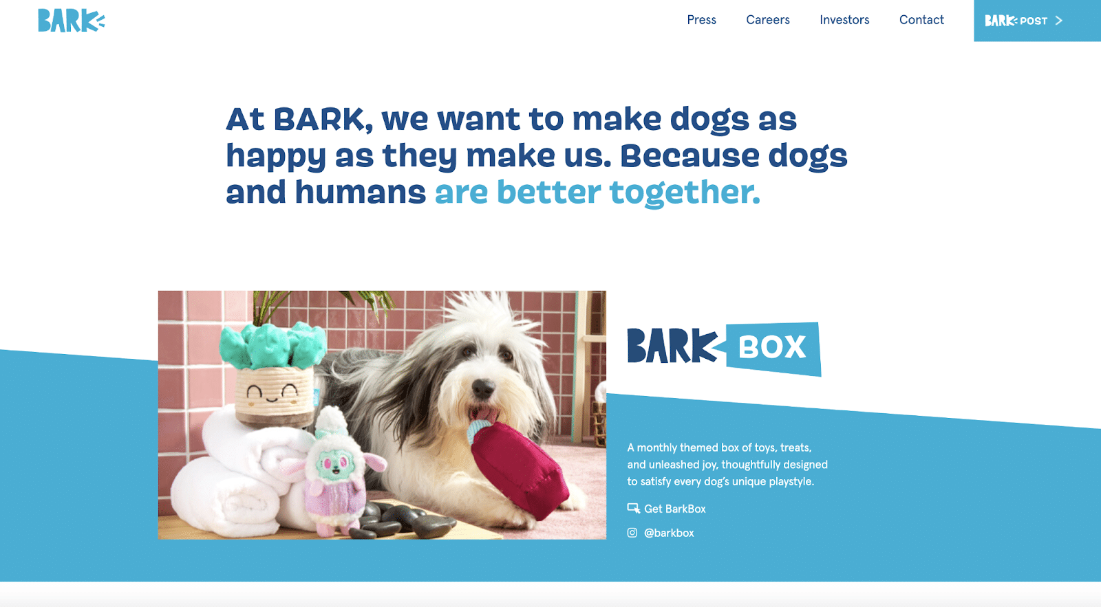 La pagina Chi Siamo di BarkBox è invitante e coinvolgenete.