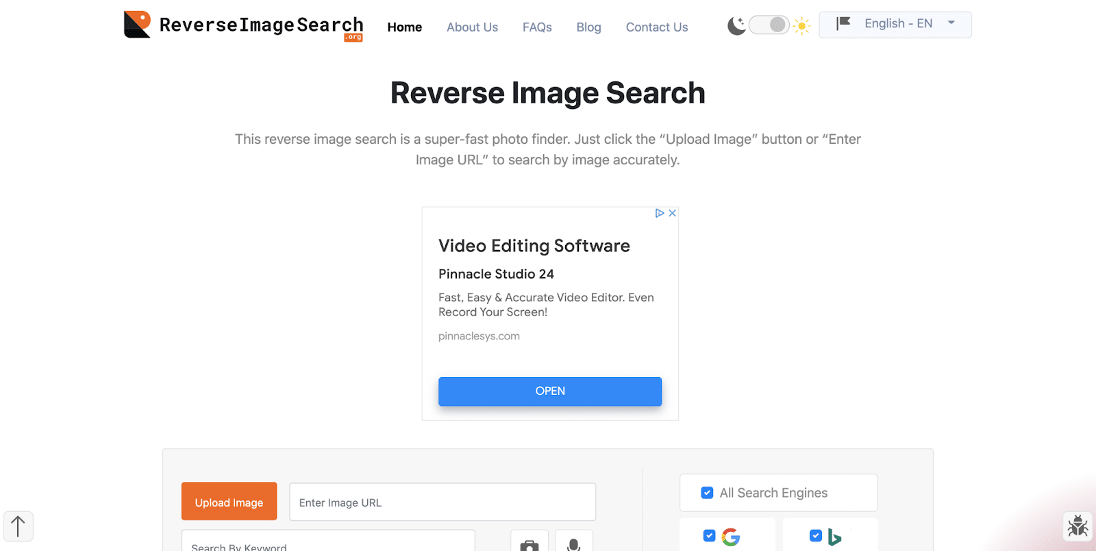 Homepage di Reverse Image Search.