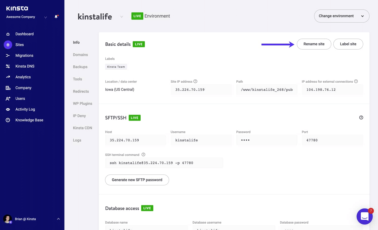 Hernoem je website in het MyKinsta dashboard.