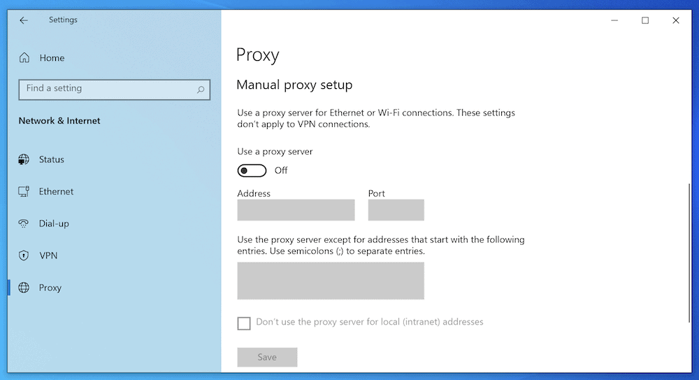 The Windows Proxy screen, with the toggle under "Use a proxy server" set to "Off".
