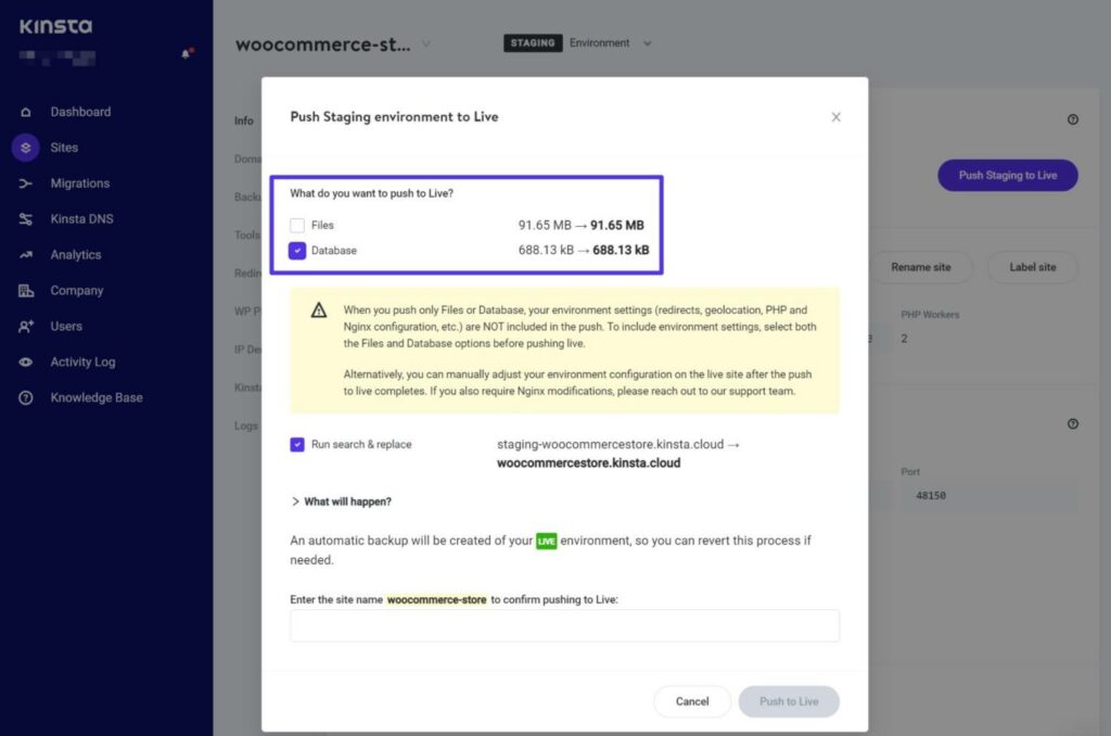 Como usar o recurso de mover seletivamente da Kinsta.